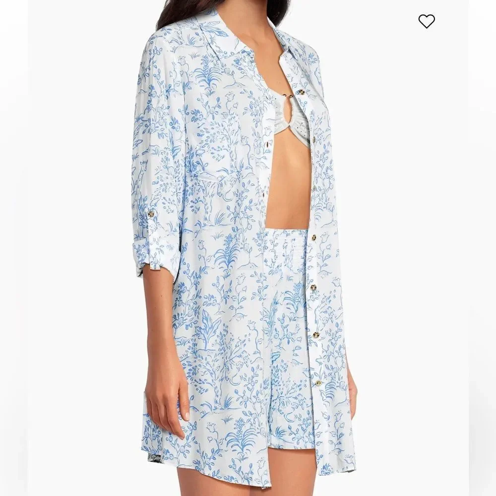 Lilly Pulitzer Natalie Resort White Blue Button Front Tab Sleeve Cover Up